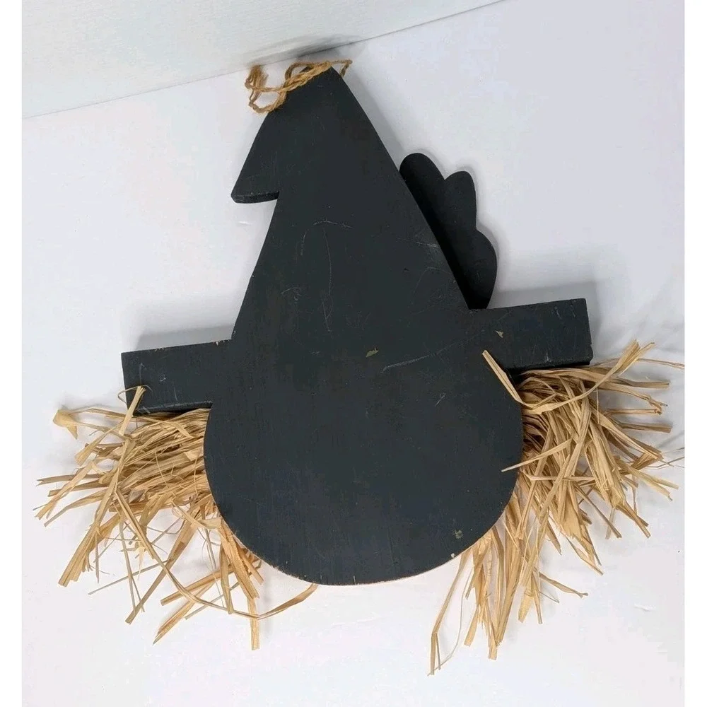 Handmade Wooden Halloween Witch Hat Wall Hanging Rustic Straw Hair Decor